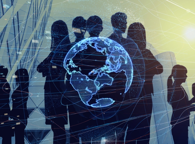 Cybersecurity professionals collaborating around a global digital network